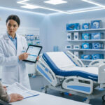 Une professionnelle de santé montre un calendrier 2026 sur une tablette à un patient dans un magasin de matériel médical.