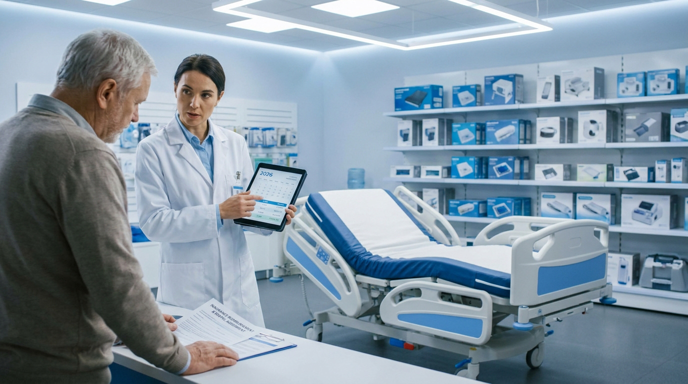 Une professionnelle de santé montre un calendrier 2026 sur une tablette à un patient dans un magasin de matériel médical.