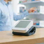 Un tensiomètre numérique posé sur un comptoir de pharmacie avec un pharmacien en arrière-plan.