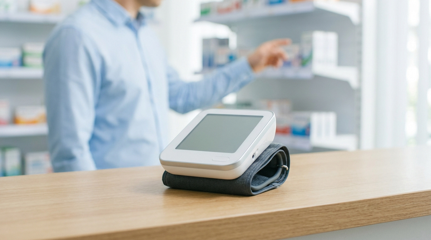 Un tensiomètre numérique posé sur un comptoir de pharmacie avec un pharmacien en arrière-plan.