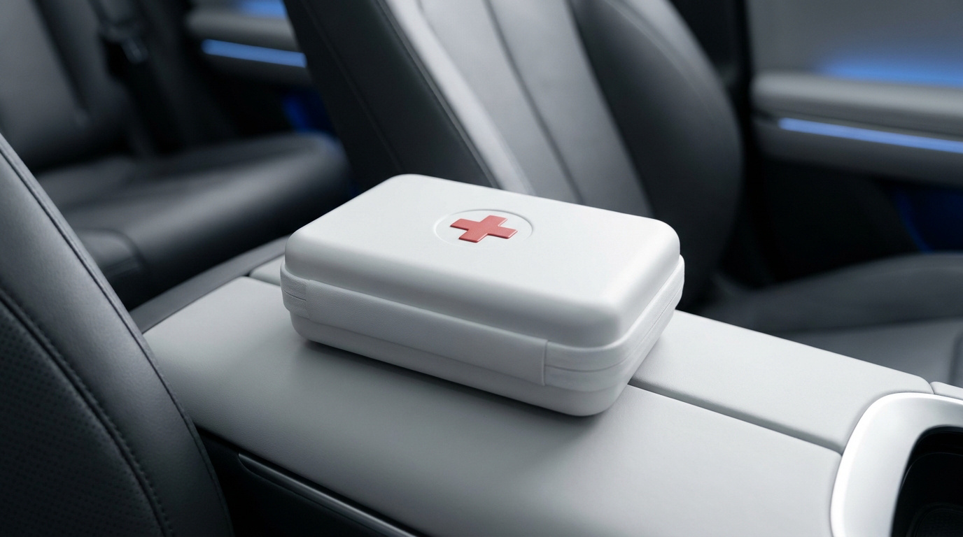 Une trousse de secours blanche avec une croix rouge posée sur la console centrale d'une voiture moderne.