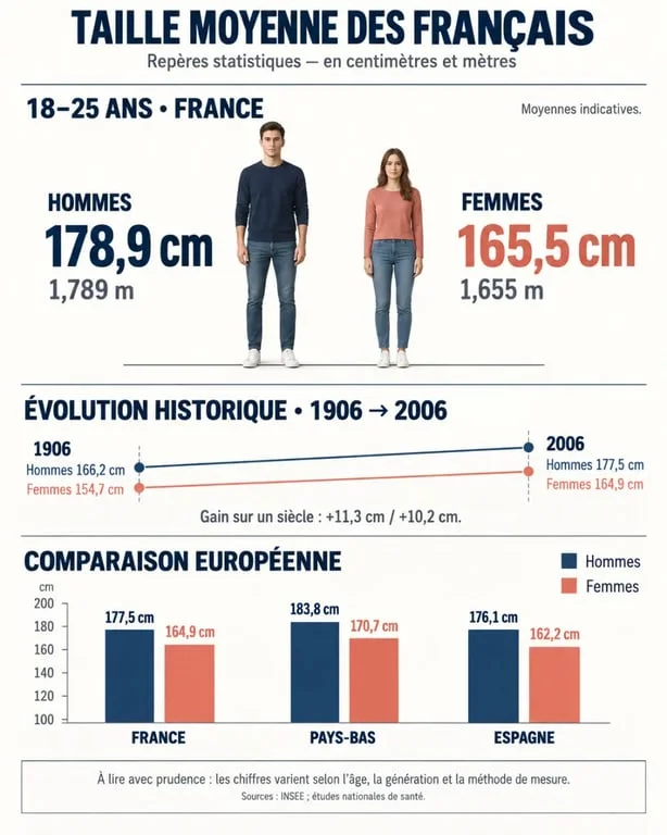 Infographie sur la taille moyenne des Français selon le sexe, la génération et le pays