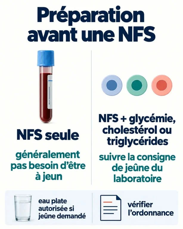 Infographie NFS faut-il être à jeun : différence entre NFS seule et bilan sanguin associé