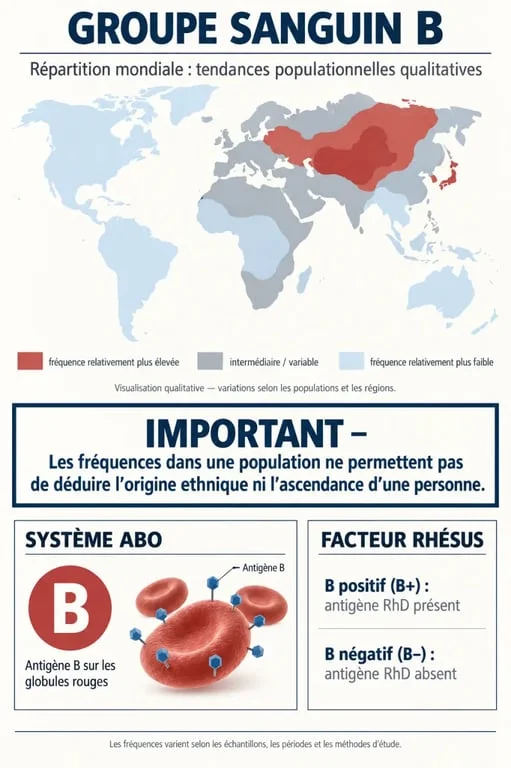 Infographie sur le groupe sanguin B et son origine ethnique : fréquences mondiales, système ABO et limites pour déduire une ascendance