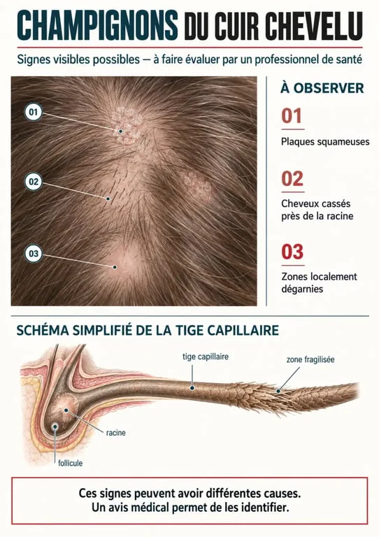 Infographie sur les champignons du cuir chevelu avec plaques squameuses et cheveux cassés