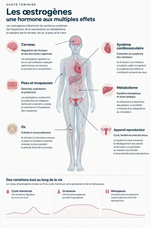 Infographie sur les effets des œstrogènes sur le corps et leurs variations au cours de la vie