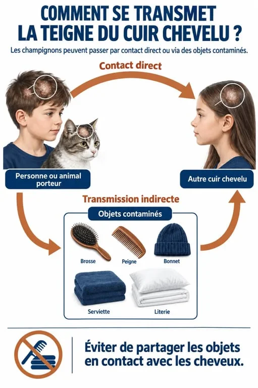 Schéma de transmission des champignons du cuir chevelu par les personnes, animaux et accessoires