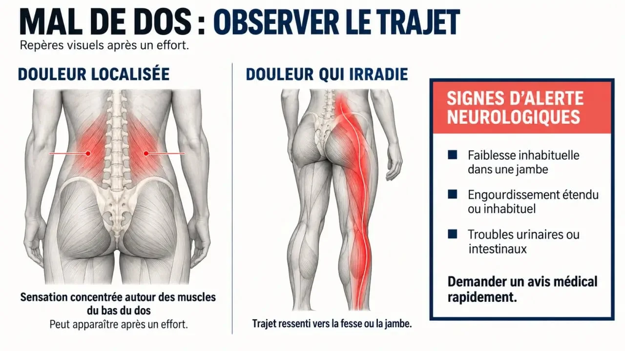 Infographie sur la courbature bas du dos, la douleur lombaire localisée et l'irradiation vers la jambe