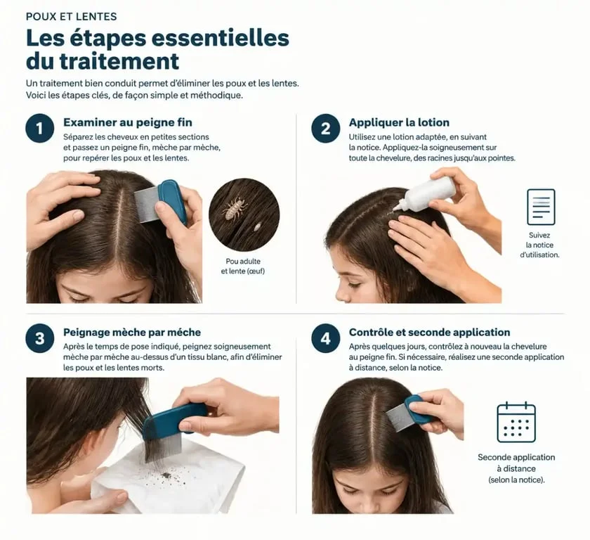 Étapes du traitement des poux et des lentes avec application et peignage méthodique
