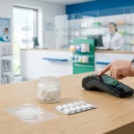 Client payant ses substituts nicotiniques par carte bancaire sur un terminal dans une pharmacie.