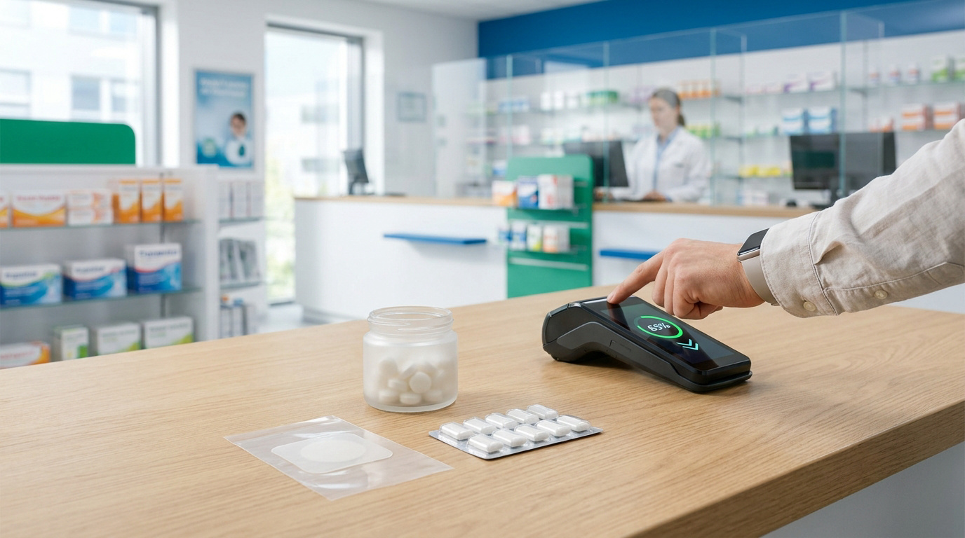 Client payant ses substituts nicotiniques par carte bancaire sur un terminal dans une pharmacie.
