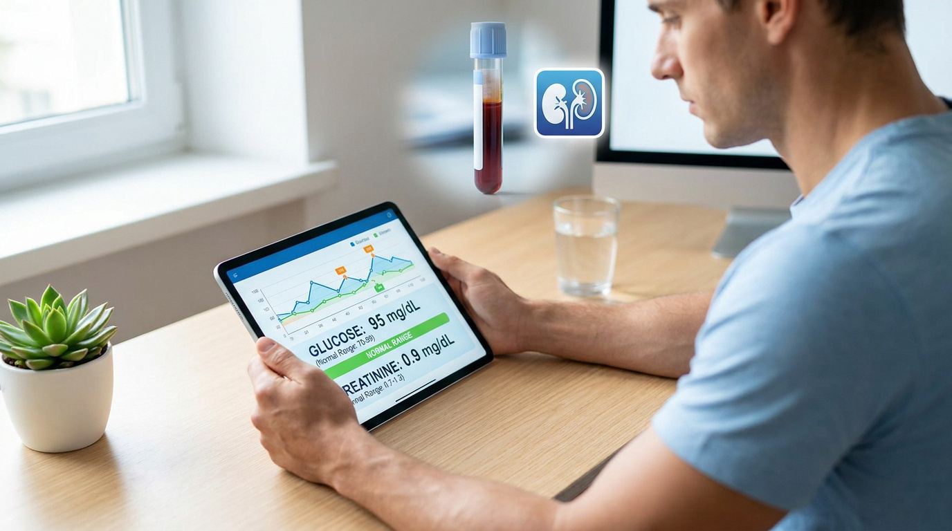 Un homme consulte les résultats de sa prise de sang montrant sa créatinine et son glucose sur une tablette numérique.