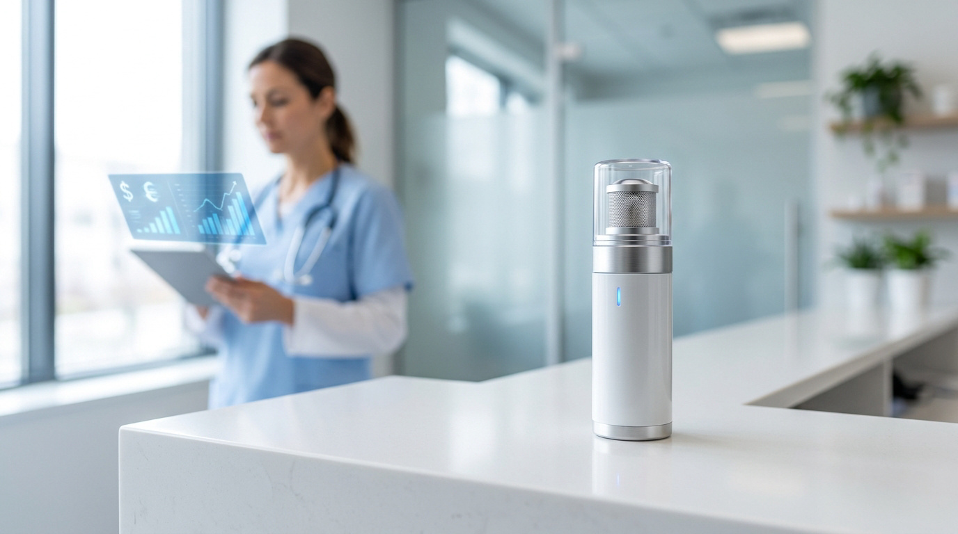 Un appareil aérosol moderne posé sur un comptoir de pharmacie avec une infirmière en arrière-plan consultant des données.