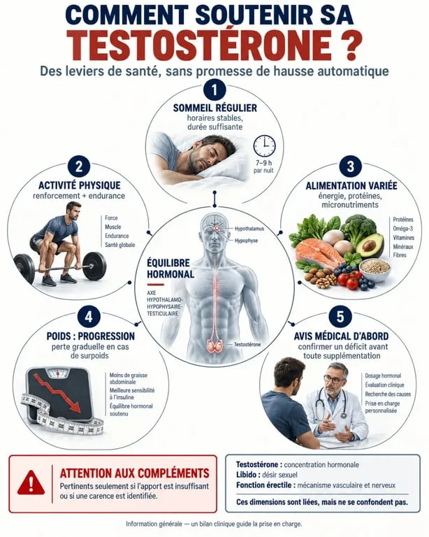Infographie expliquant comment avoir plus de testostérone grâce au sommeil, à l’activité physique, à l’alimentation et au suivi médical