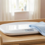 Pèse-bébé électronique blanc sur une table à langer avec les pieds d'un nourrisson posés sur une couverture bleue.