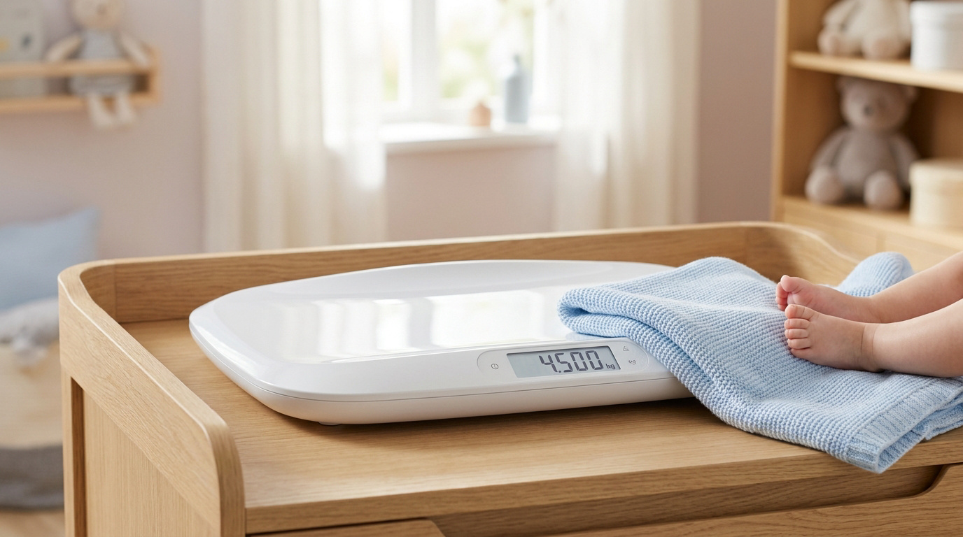 Pèse-bébé électronique blanc sur une table à langer avec les pieds d'un nourrisson posés sur une couverture bleue.