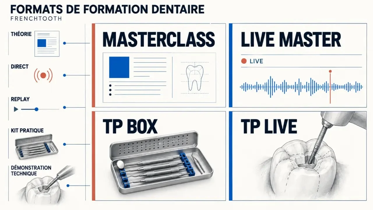 Infographie Frenchtooth présentant les formats Masterclass, Live Master, TP Box et TP Live