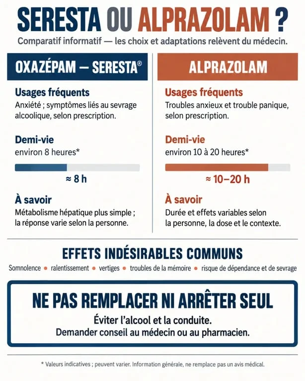 Infographie comparative Seresta ou alprazolam : usages, durée d’action et précautions