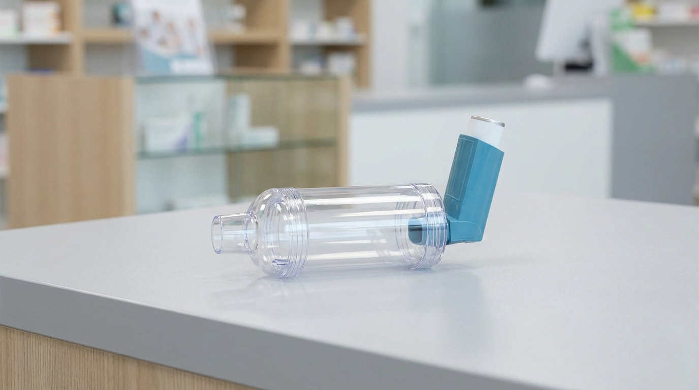 Chambre d'inhalation avec inhalateur bleu posée sur un comptoir dans une pharmacie.