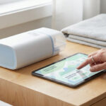 Une personne utilise une tablette pour calculer le remboursement de son appareil d'apnée du sommeil sur une table de chevet.