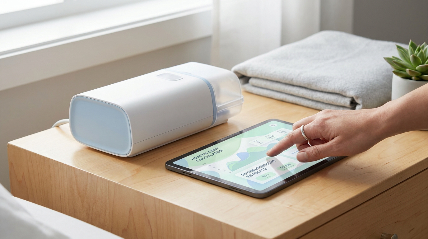 Une personne utilise une tablette pour calculer le remboursement de son appareil d'apnée du sommeil sur une table de chevet.