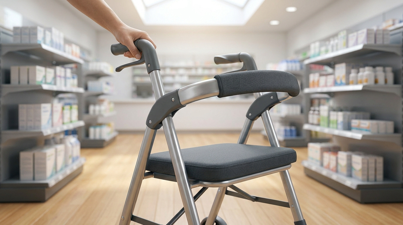Une main tenant un déambulateur à quatre roues avec un siège intégré dans une pharmacie.