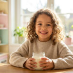 Une petite fille aux cheveux bouclés souriant en tenant un verre de lait dans une cuisine lumineuse.