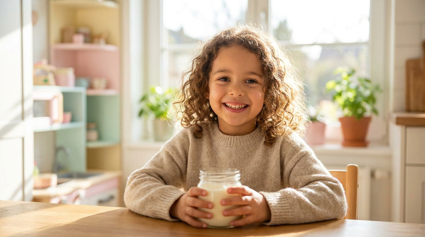 Une petite fille aux cheveux bouclés souriant en tenant un verre de lait dans une cuisine lumineuse.