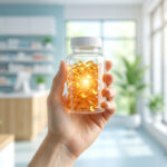 Une main tient un flacon transparent rempli de gélules dorées de vitamine D dans une pharmacie lumineuse.