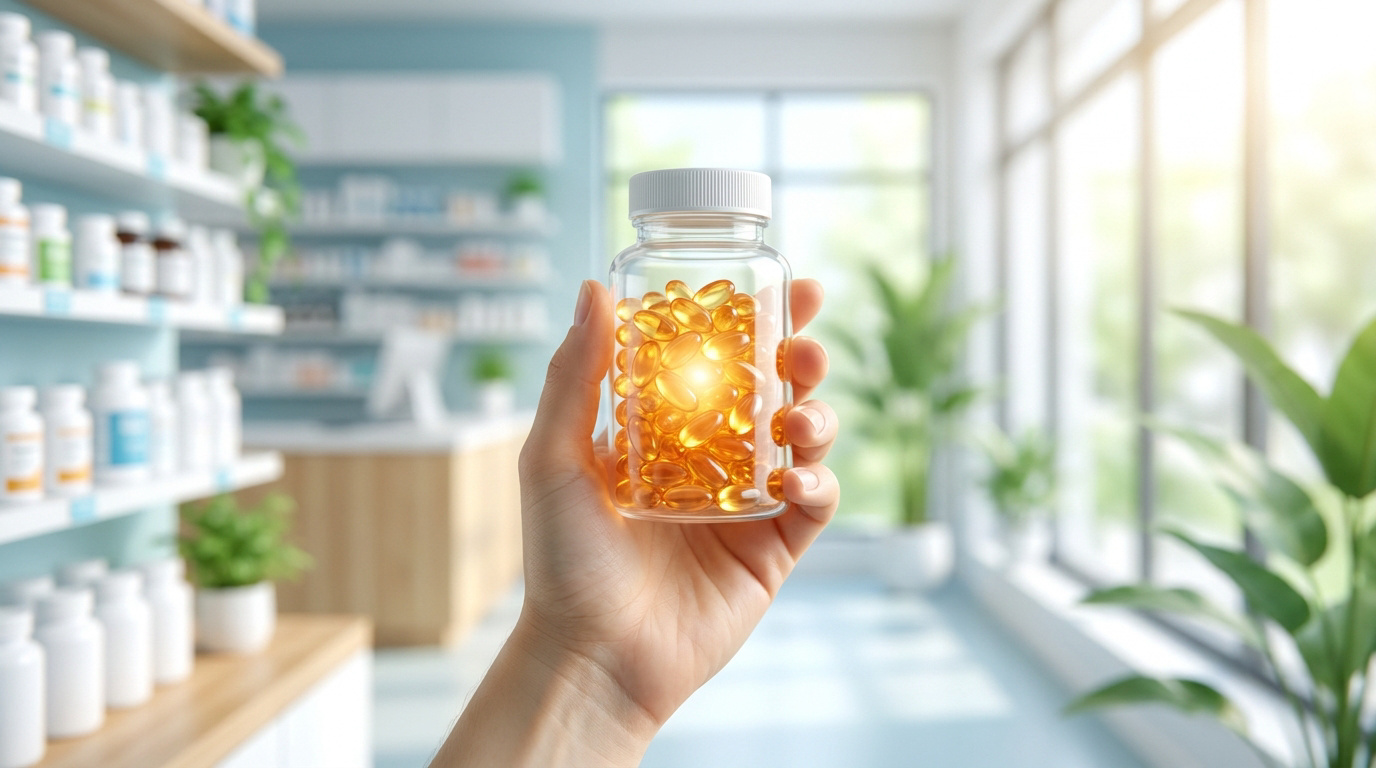 Une main tient un flacon transparent rempli de gélules dorées de vitamine D dans une pharmacie lumineuse.
