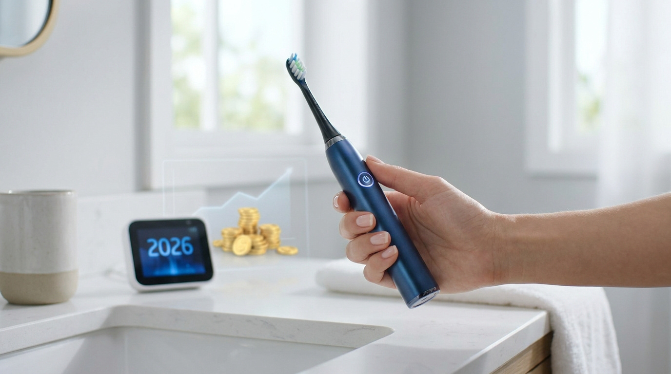 Main tenant une brosse à dents électrique bleue avec une pile de pièces et l'année 2026 en arrière-plan.