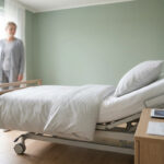 Lit médicalisé moderne dans une chambre lumineuse avec une femme en arrière-plan.