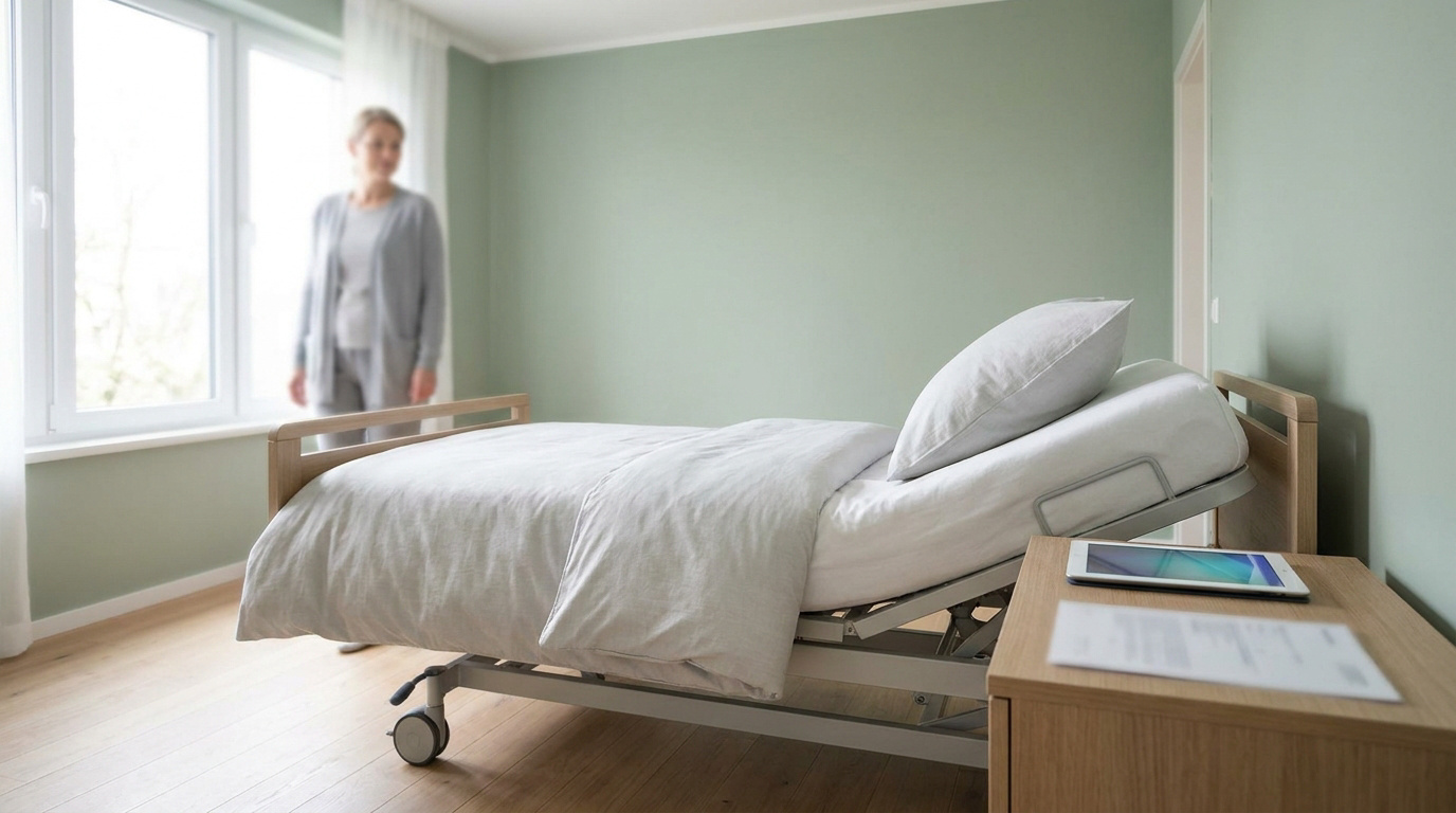 Lit médicalisé moderne dans une chambre lumineuse avec une femme en arrière-plan.