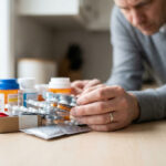 Un homme examine plusieurs boîtes et plaquettes de médicaments posées sur une table en bois.