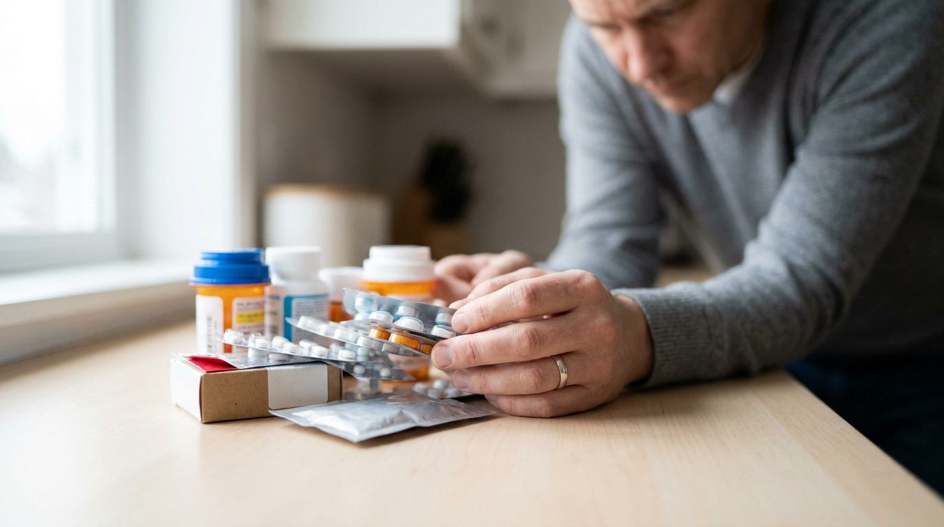 Un homme examine plusieurs boîtes et plaquettes de médicaments posées sur une table en bois.