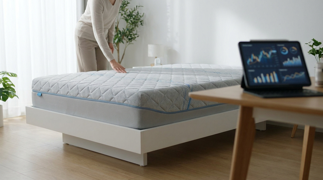 Une personne touche un matelas médical moderne dans une chambre lumineuse avec une tablette affichant des données financières.