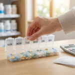 Une main ouvre un pilulier hebdomadaire rempli de médicaments devant une calculatrice et un ticket de caisse en pharmacie.