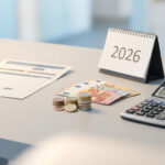 Un calendrier indiquant 2026, un formulaire de remboursement, une calculatrice et des pièces en euros sur un bureau.