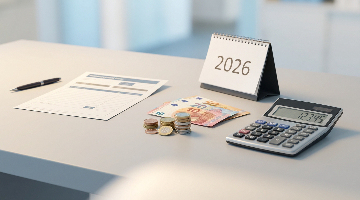 Un calendrier indiquant 2026, un formulaire de remboursement, une calculatrice et des pièces en euros sur un bureau.