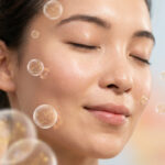 Portrait d'une femme sereine avec des bulles lipidiques dorées flottant autour de son visage lumineux.