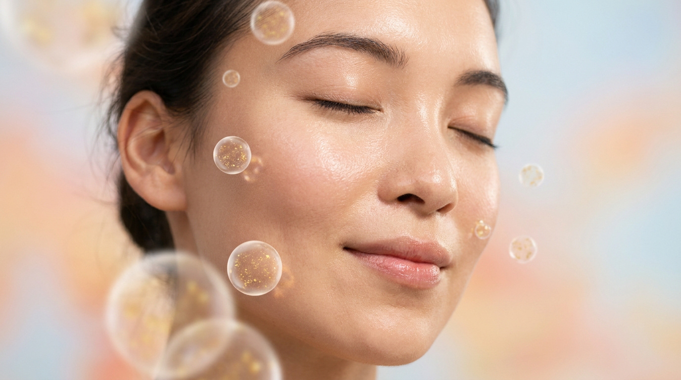 Portrait d'une femme sereine avec des bulles lipidiques dorées flottant autour de son visage lumineux.