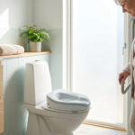 Une femme âgée s'appuie sur une barre de maintien près de toilettes équipées d'un rehausseur WC dans une salle de bain.