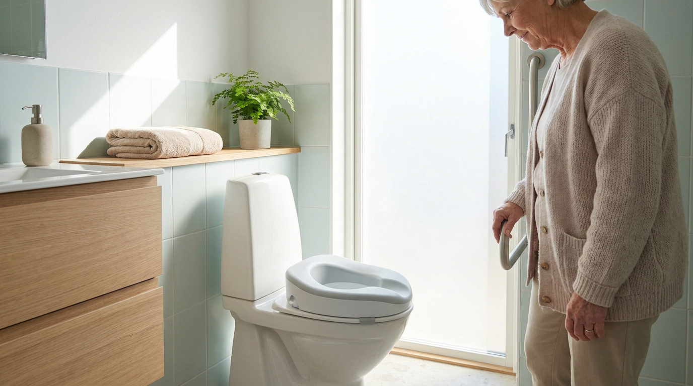 Une femme âgée s'appuie sur une barre de maintien près de toilettes équipées d'un rehausseur WC dans une salle de bain.