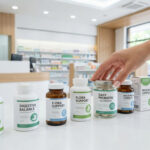 Une main choisit un flacon de probiotiques sur le comptoir d'une pharmacie aux rayons remplis de médicaments.