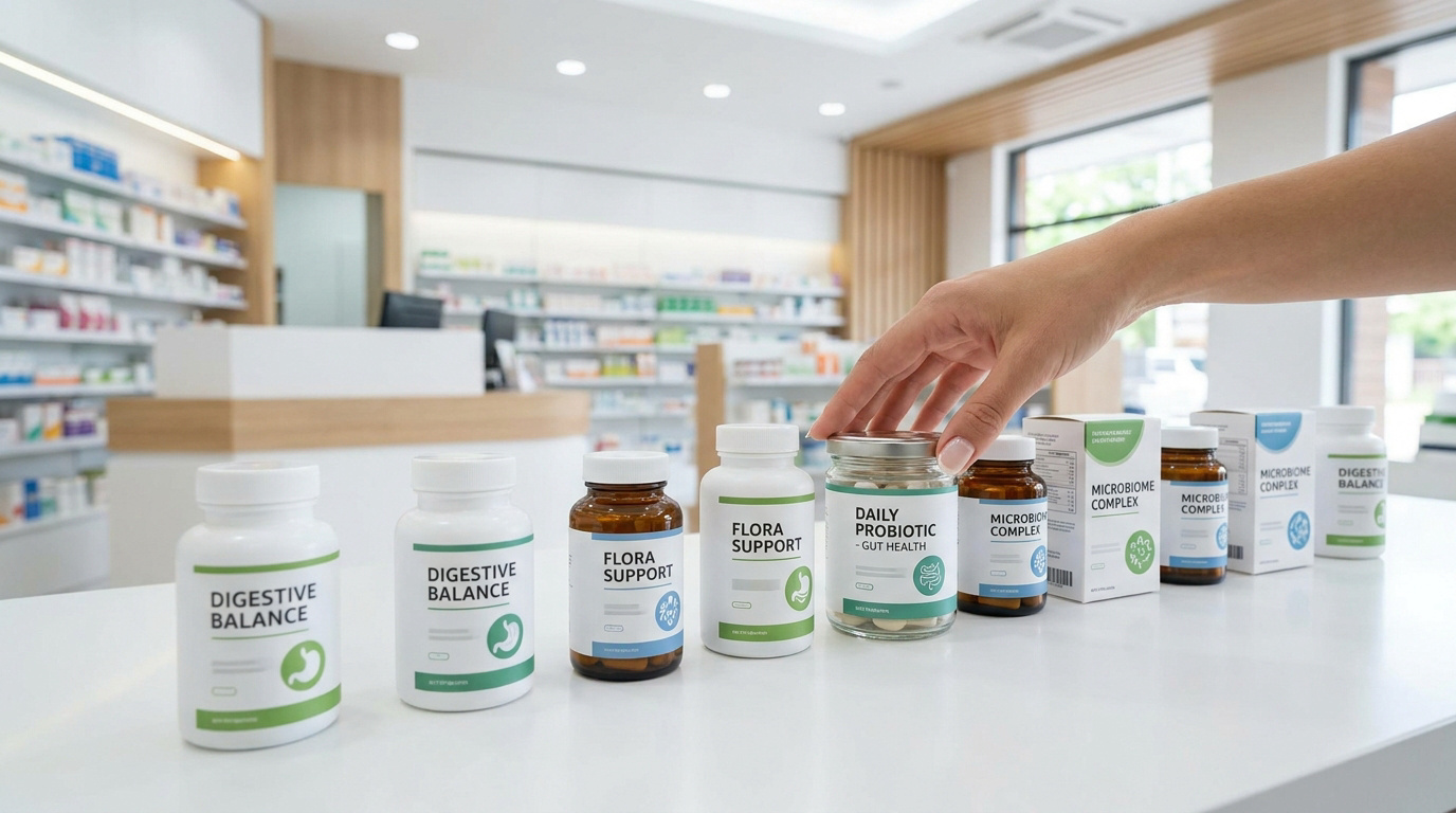 Une main choisit un flacon de probiotiques sur le comptoir d'une pharmacie aux rayons remplis de médicaments.