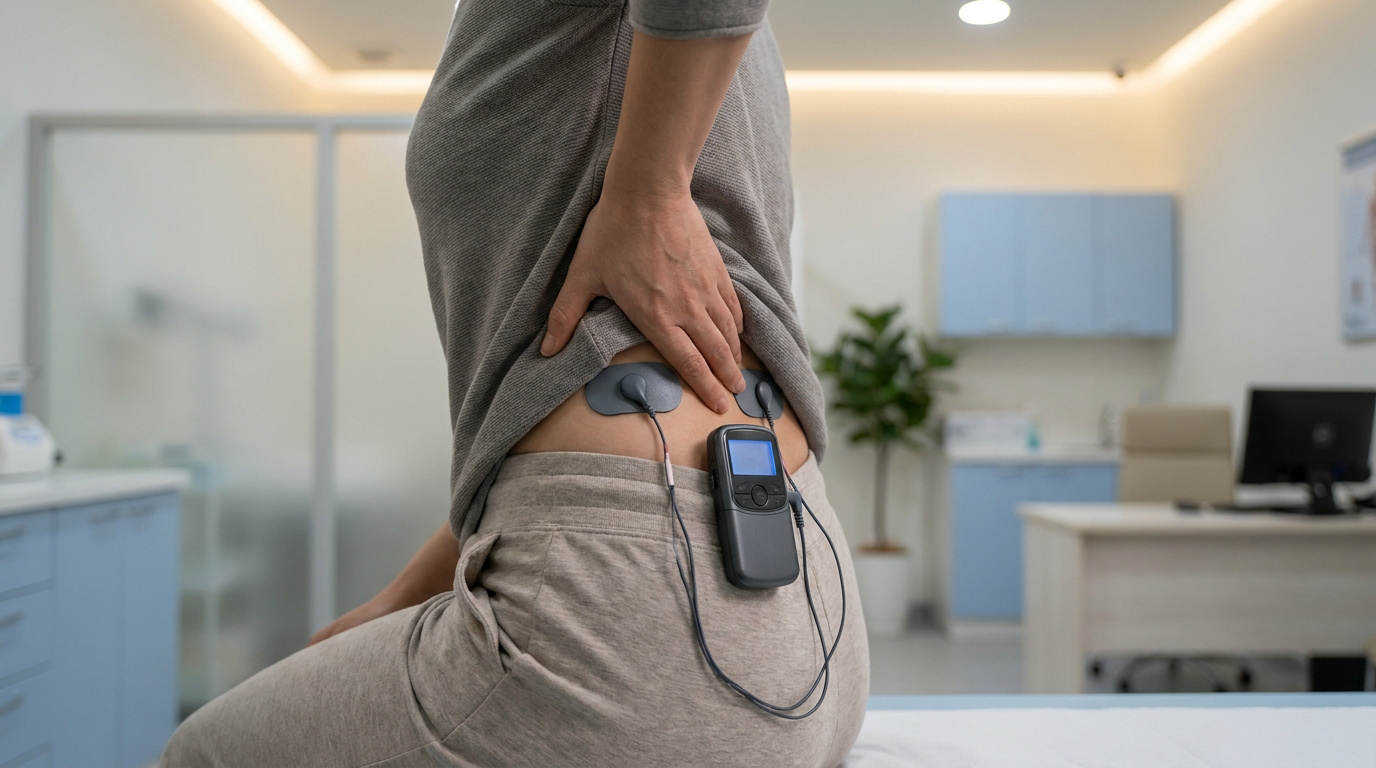 Une personne assise dans un cabinet médical utilisant un appareil TENS avec des électrodes placées sur son bas du dos.