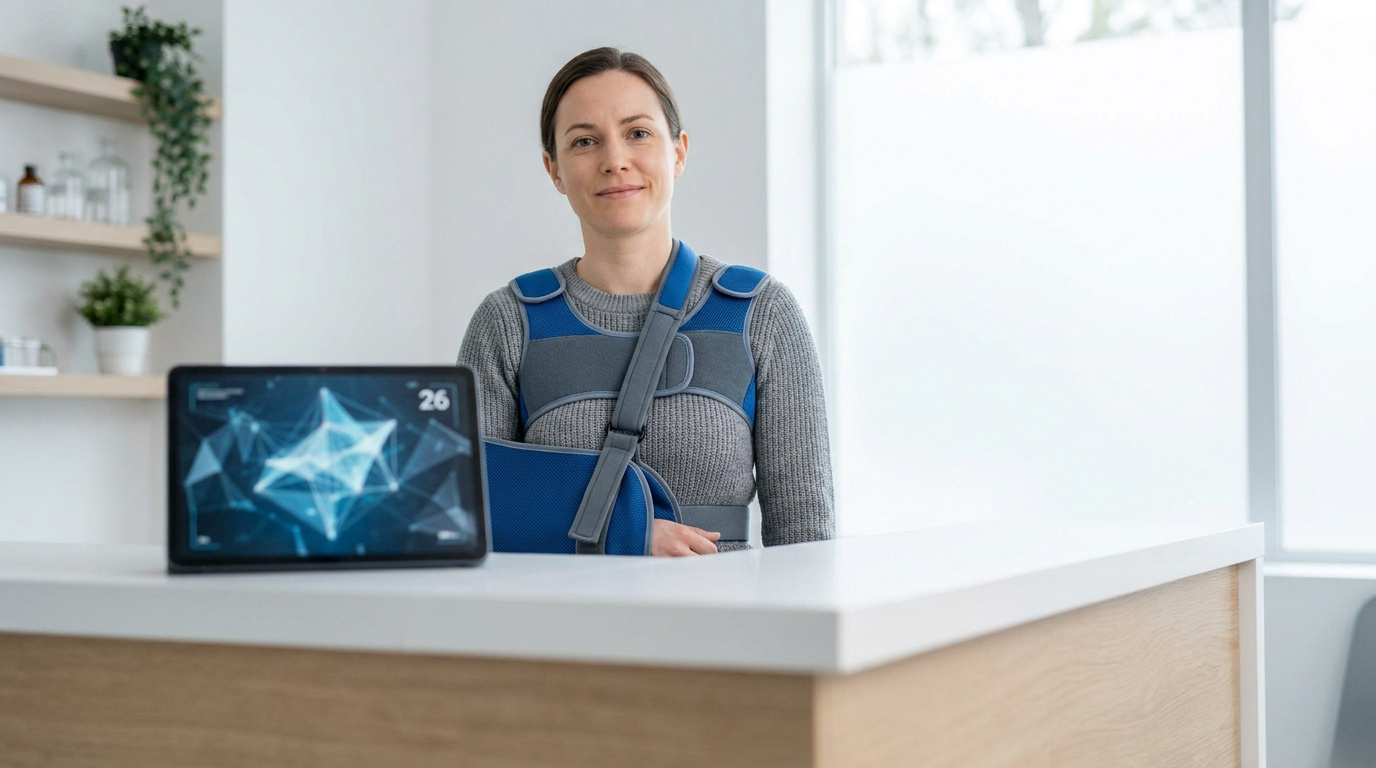 Femme portant un gilet d'immobilisation d'épaule dans un cabinet médical avec une tablette affichant des données.