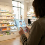 Une personne consulte un médecin en visioconférence sur une tablette transparente dans une pharmacie.