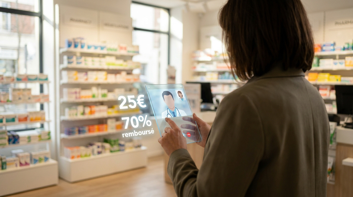 Une personne consulte un médecin en visioconférence sur une tablette transparente dans une pharmacie.