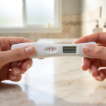 Mains tenant un test de grossesse urinaire affichant un résultat positif avec deux lignes et le mot « PREGNANT ».